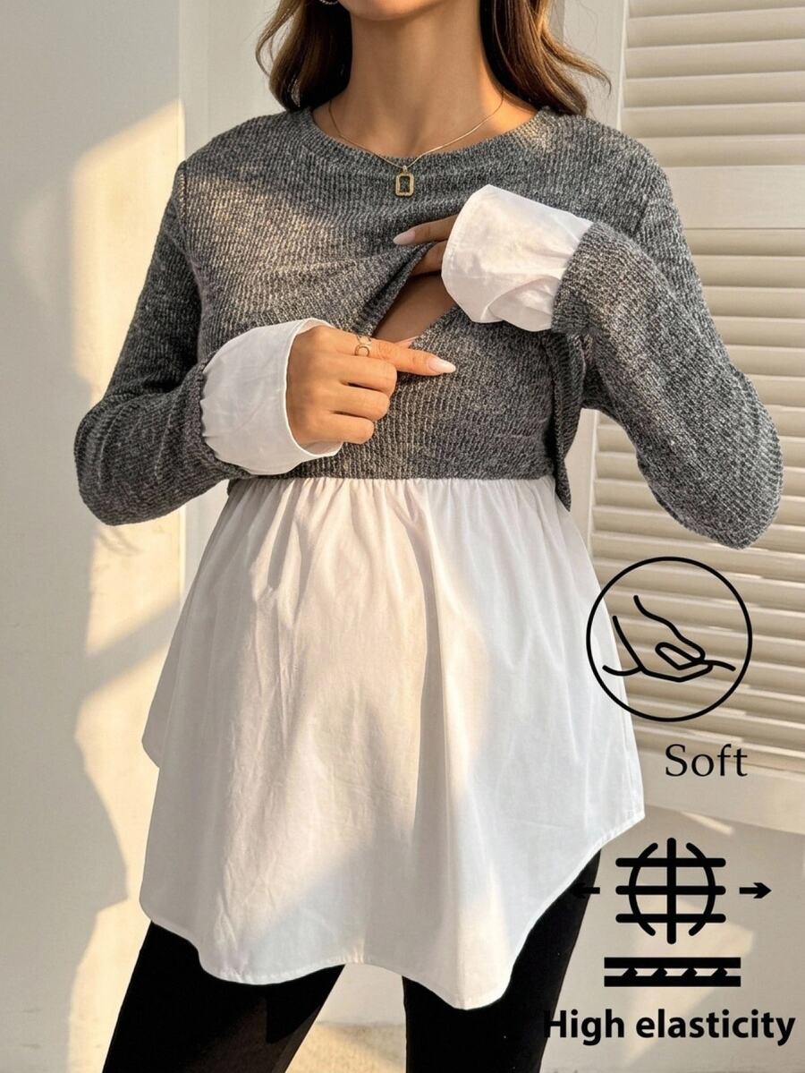 SHEIN Áo cho con bú bầu tay dài phối màu phong cách thường ngày cho mùa thu - Xám - Xem 1