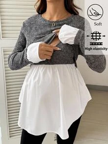 SHEIN Áo cho con bú bầu tay dài phối màu phong cách thường ngày cho mùa thu - Xám - Xem 2