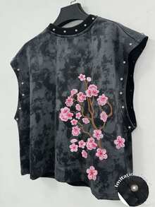 Manfinity EMRG Unisex Casual Cherry Blossom Print Faux Pearl Decorated Tank Top, Suitable For Music Festivals, Holiday - Black - View 3