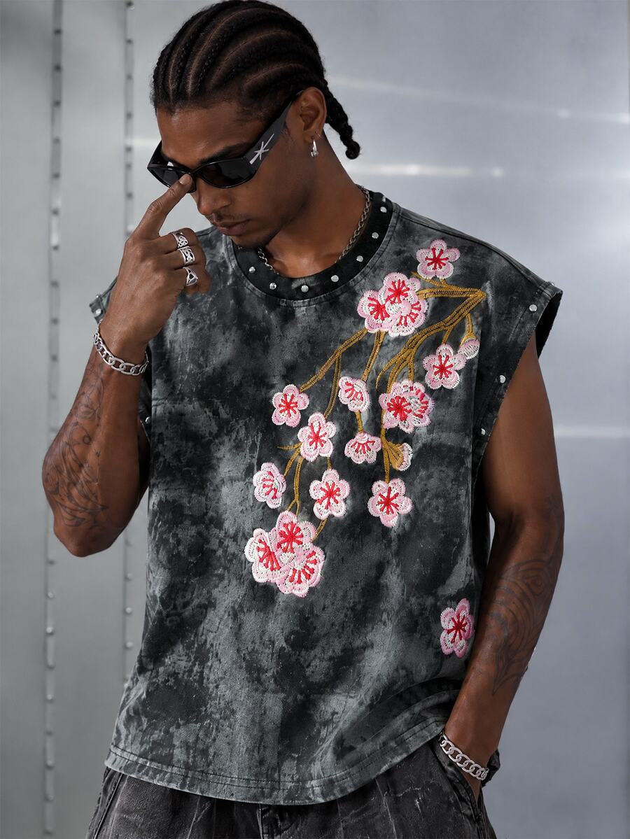 Manfinity EMRG Unisex Casual Cherry Blossom Print Faux Pearl Decorated Tank Top, Suitable For Music Festivals, Holiday