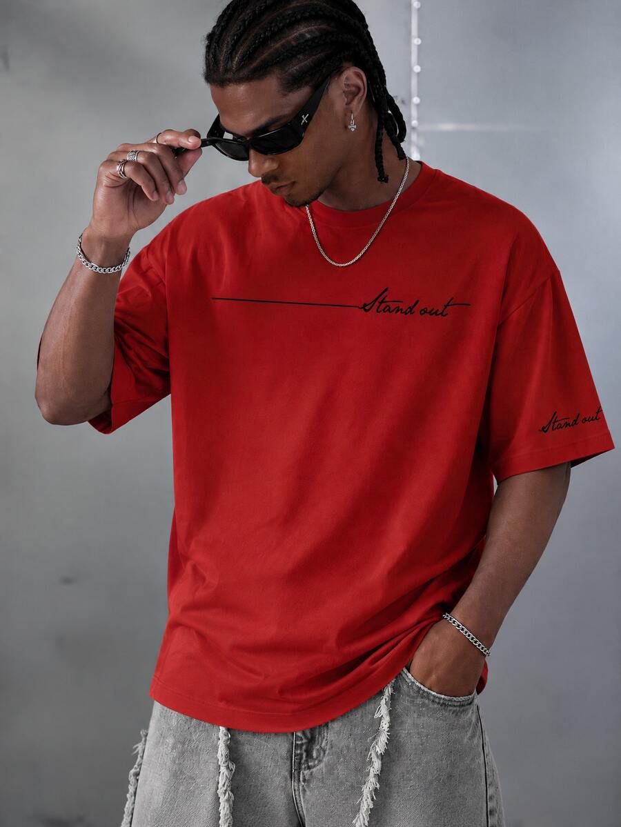 Manfinity EMRG Men's Casual Letter Print T-Shirt, Summer - Red - View 1
