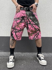 Manfinity EMRG 男式树枝印花贴袋百慕大宽松牛仔短裤 - 彩色 - 查看 4