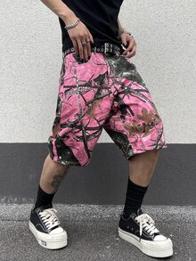 Manfinity EMRG 男式树枝印花贴袋百慕大宽松牛仔短裤 - 彩色 - 查看 3