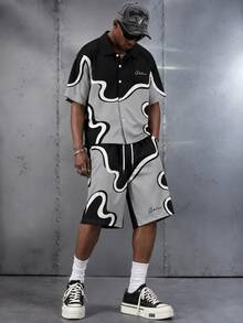 Manfinity EMRG Men's Casual Fashion Street Daily Commute Letter Print Contrast Color Short Sleeve Shirt And Drawstring Waist Shorts Set, Summer - Multicolor - View 1