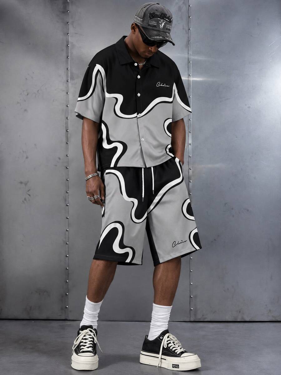 Manfinity EMRG Men's Casual Fashion Street Daily Commute Letter Print Contrast Color Short Sleeve Shirt And Drawstring Waist Shorts Set, Summer - Multicolor - View 1