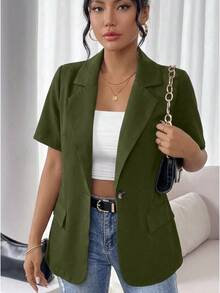 Vionelle Plus Size French Style Solid Color Minimalist Short Sleeve Blazer Office Work Army Green Summer Business Casual - Olive Green - View 1