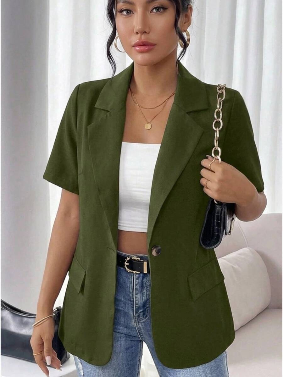 Vionelle Plus Size French Style Solid Color Minimalist Short Sleeve Blazer Office Work Army Green Summer Business Casual - Olive Green - View 1
