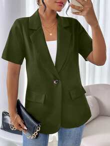 Vionelle Plus Size French Style Solid Color Minimalist Short Sleeve Blazer Office Work Army Green Summer Business Casual - Olive Green - View 3