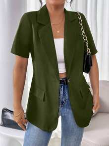 Vionelle Plus Size French Style Solid Color Minimalist Short Sleeve Blazer Office Work Army Green Summer Business Casual - Olive Green - View 5