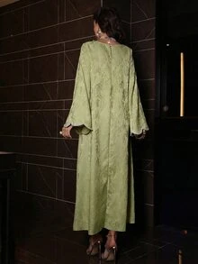 Al Najma Women Summer Al-Adha Sage Green Jacquard Rhinestone Trim Flare Sleeve Maxi Abaya,Elegant Turkish Arabic Traditional Robe Wedding Guest Mal Dress - Green - View 2