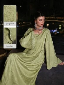 Al Najma Women Summer Al-Adha Sage Green Jacquard Rhinestone Trim Flare Sleeve Maxi Abaya,Elegant Turkish Arabic Traditional Robe Wedding Guest Mal Dress - Green - View 4