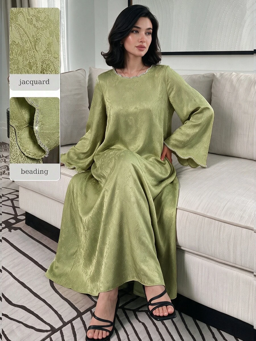 Al Najma Women Summer Al-Adha Sage Green Jacquard Rhinestone Trim Flare Sleeve Maxi Abaya,Elegant Turkish Arabic Traditional Robe Wedding Guest Mal Dress - Green - View 1