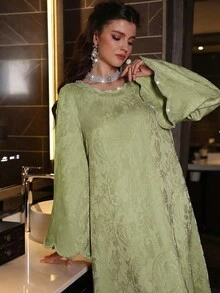 Al Najma Women Summer Al-Adha Sage Green Jacquard Rhinestone Trim Flare Sleeve Maxi Abaya,Elegant Turkish Arabic Traditional Robe Wedding Guest Mal Dress - Green - View 8