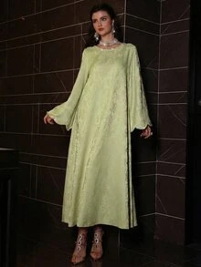 Al Najma Women Summer Al-Adha Sage Green Jacquard Rhinestone Trim Flare Sleeve Maxi Abaya,Elegant Turkish Arabic Traditional Robe Wedding Guest Mal Dress - Green - View 6