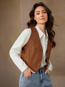 Wildy Women's Summer Casual Vintage Dark Brown Front Button Sleeveless Shirt,Casual Vacation - Mocha Brown - View 3