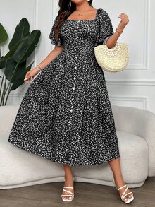 Vionelle Plus Size Women's Boho Floral Square Neck Button Down Dress Women Outfit, For Summer - Black - View 5