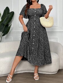 Vionelle Plus Size Women's Boho Floral Square Neck Button Down Dress Women Outfit, For Summer - Black - View 7