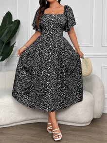 Vionelle Plus Size Women's Boho Floral Square Neck Button Down Dress Women Outfit, For Summer - Black - View 6