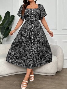 Vionelle Plus Size Women's Boho Floral Square Neck Button Down Dress Women Outfit, For Summer - Black - View 4