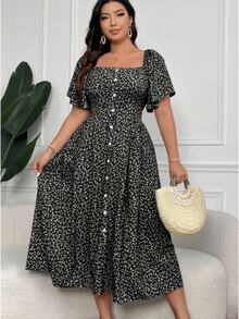 Vionelle Plus Size Women's Boho Floral Square Neck Button Down Dress Women Outfit, For Summer - Black - View 1