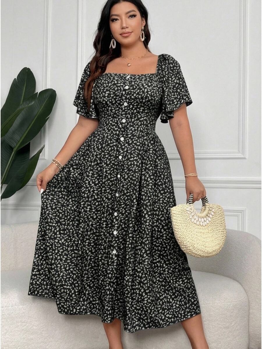Vionelle Plus Size Women's Boho Floral Square Neck Button Down Dress Women Outfit, For Summer - Black - View 1