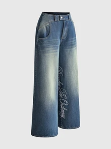 ROMWE Street Life Autumn/Winter Street Style Streetwear Ultra Low Waist Baggy Dark Blue Distressed Washed Women's Jeans Everyday Going Out - Blue - View 1