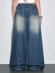 ROMWE Street Life Autumn/Winter Street Style Streetwear Ultra Low Waist Baggy Dark Blue Distressed Washed Women's Jeans Everyday Going Out - Blue - View 3