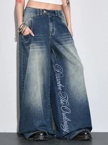 ROMWE Street Life Autumn/Winter Street Style Streetwear Ultra Low Waist Baggy Dark Blue Distressed Washed Women's Jeans Everyday Going Out - Blue - View 8