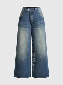 ROMWE Street Life Autumn/Winter Street Style Streetwear Ultra Low Waist Baggy Dark Blue Distressed Washed Women's Jeans Everyday Going Out - Blue - View 10