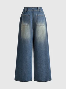 ROMWE Street Life Autumn/Winter Street Style Streetwear Ultra Low Waist Baggy Dark Blue Distressed Washed Women's Jeans Everyday Going Out - Blue - View 9