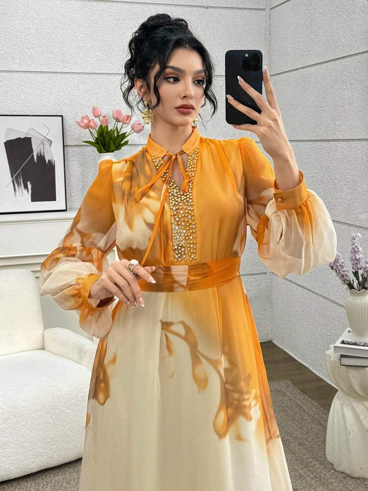 SHEIN Najma 优雅浪漫花领和拼布荷叶边下摆宽松时尚年轻波西米亚风格中长连衣裙 - 黃色 - 查看 2