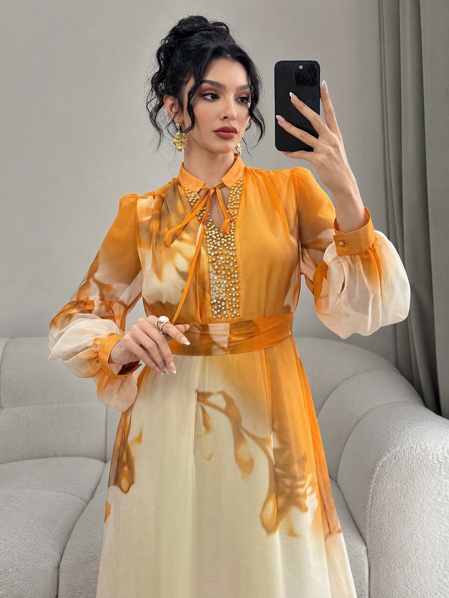SHEIN Najma 优雅浪漫花领和拼布荷叶边下摆宽松时尚年轻波西米亚风格中长连衣裙 - 黃色 - 查看 1