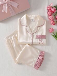 Girls' Light Pink Satin Solid Color Embroidered Ruffle Sleeve Long Pants Loungewear 2 Pieces Set, Spring/Fall Autumn/Winter Lapel 2pcs Soft Cozy - Pink - View 2