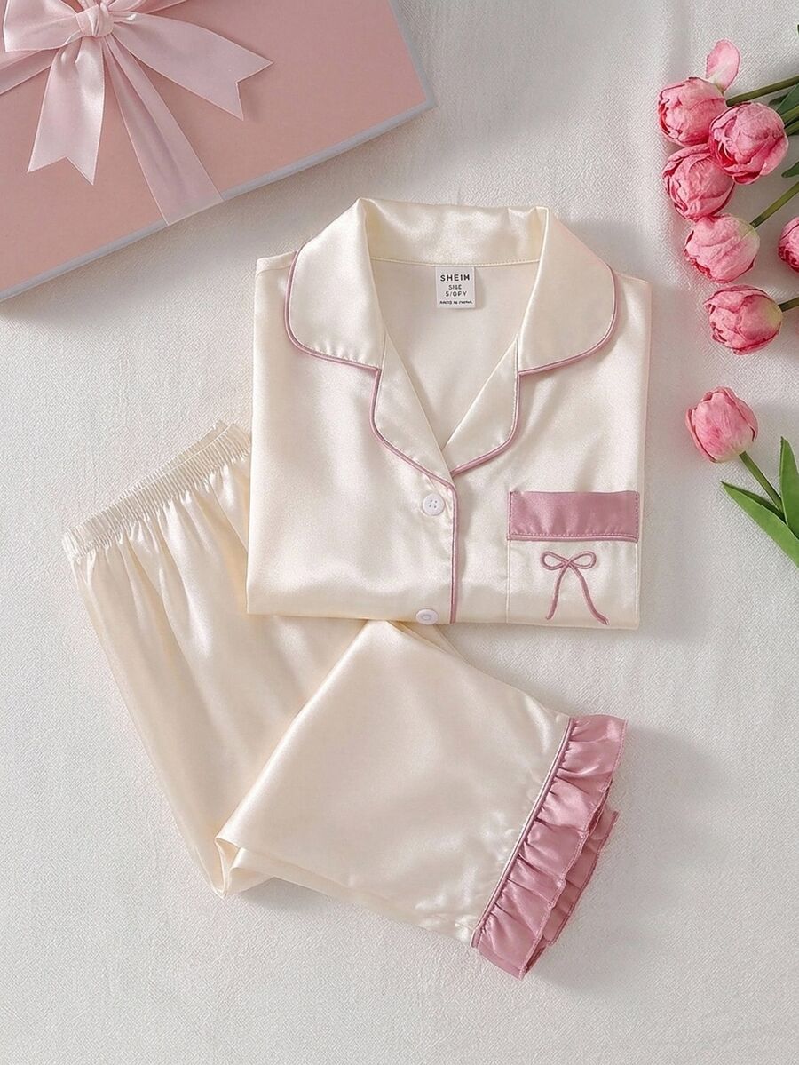 Girls' Light Pink Satin Solid Color Embroidered Ruffle Sleeve Long Pants Loungewear 2 Pieces Set, Spring/Fall Autumn/Winter Lapel 2pcs Soft Cozy