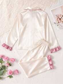 Girls' Light Pink Satin Solid Color Embroidered Ruffle Sleeve Long Pants Loungewear 2 Pieces Set, Spring/Fall Autumn/Winter Lapel 2pcs Soft Cozy - Pink - View 3