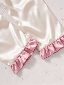 Girls' Light Pink Satin Solid Color Embroidered Ruffle Sleeve Long Pants Loungewear 2 Pieces Set, Spring/Fall Autumn/Winter Lapel 2pcs Soft Cozy - Pink - View 7