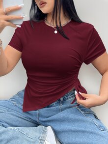 Coolane Plus Size Drawstring Side Asymmetrical Short T-Shirt, Slim Fit, Summer - Burgundy - View 2