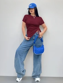 Coolane Plus Size Drawstring Side Asymmetrical Short T-Shirt, Slim Fit, Summer - Burgundy - View 3