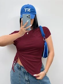 Coolane Plus Size Drawstring Side Asymmetrical Short T-Shirt, Slim Fit, Summer - Burgundy - View 1