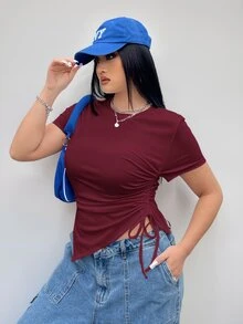 Coolane Plus Size Drawstring Side Asymmetrical Short T-Shirt, Slim Fit, Summer - Burgundy - View 4