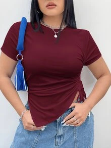 Coolane Plus Size Drawstring Side Asymmetrical Short T-Shirt, Slim Fit, Summer - Burgundy - View 7