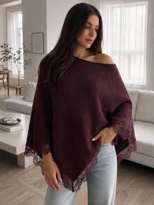Aloruh 女款秋冬寬鬆不對稱肩蕾絲拼接針織衫 適合早午餐酒紅休閒優雅風 - 酒紅色 - 查看 4