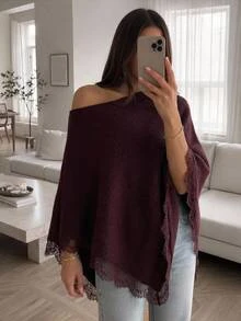 Aloruh 女款秋冬寬鬆不對稱肩蕾絲拼接針織衫 適合早午餐酒紅休閒優雅風 - 酒紅色 - 查看 6