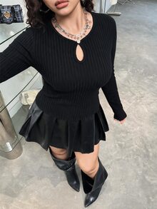SHEIN BASICS Plus Size Solid Color Ribbed Knit Long Sleeve Crew Neck Sweater Winter - Black - View 4