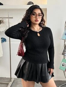SHEIN BASICS Plus Size Solid Color Ribbed Knit Long Sleeve Crew Neck Sweater Winter - Black - View 3