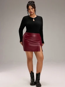 SHEIN BASICS Plus Size Solid Color Ribbed Knit Long Sleeve Crew Neck Sweater Winter - Black - View 10