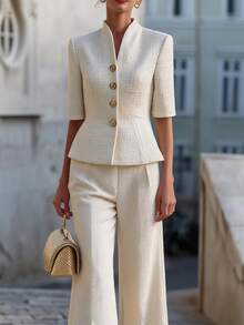 Balvessa Women's Solid Color Casual Daily 2 Pieces Set With Top And Long Pants - Apricot - View 1