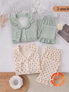 2pcs/Set Girls Long Sleeve Long Pants Ribbed Fabric Bean Green Polka Dot Print Simple Casual Comfortable Sweet Cute Loungewear Autumn/Winter, Ribbed Thermal Lined Pajamas - Multicolor - View 10