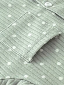2pcs/Set Girls Long Sleeve Long Pants Ribbed Fabric Bean Green Polka Dot Print Simple Casual Comfortable Sweet Cute Loungewear Autumn/Winter, Ribbed Thermal Lined Pajamas - Multicolor - View 12
