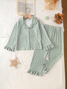 2pcs/Set Girls Long Sleeve Long Pants Ribbed Fabric Bean Green Polka Dot Print Simple Casual Comfortable Sweet Cute Loungewear Autumn/Winter, Ribbed Thermal Lined Pajamas - Multicolor - View 6